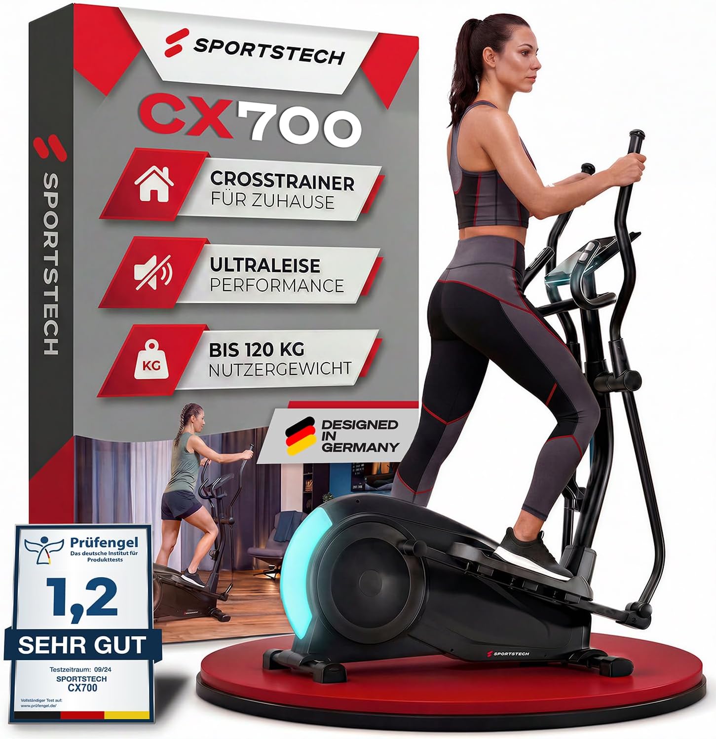 Sportstech CX700 Crosstrainer 24 kg Schwungmasse, 24 Widerstandsstufen, Bluetooth, Schwarz